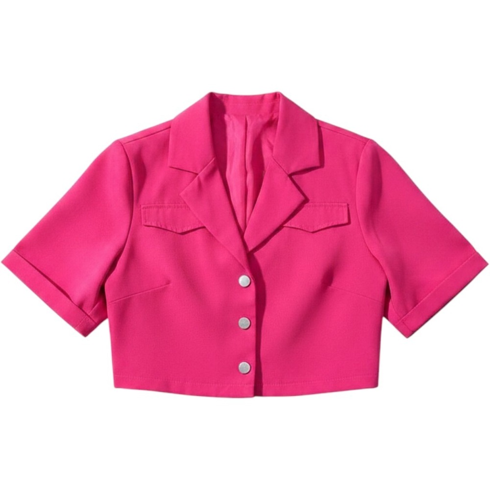 Hot Pink Cropped Short Sleeve Blazer Top with Silver Snap Buttons Size M